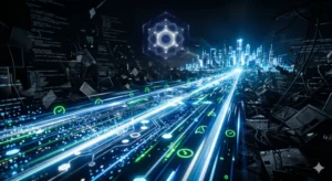 Digitális adatáramlás futurisztikus városban, absztrakt technológiai háttérrel.