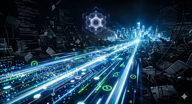 Digitális adatáramlás futurisztikus városban, absztrakt technológiai háttérrel.