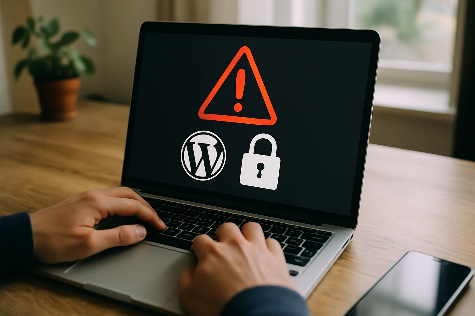 WordPress biztonsági figyelmeztetés laptopon, lakat és felkiáltójel ikonokkal.