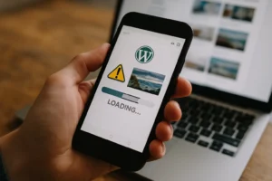 Telefonon WordPress betöltés, figyelmeztetés, laptop háttérben.