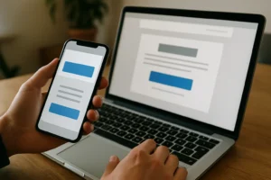 Kéz okostelefont és laptopot használ, digitális felület