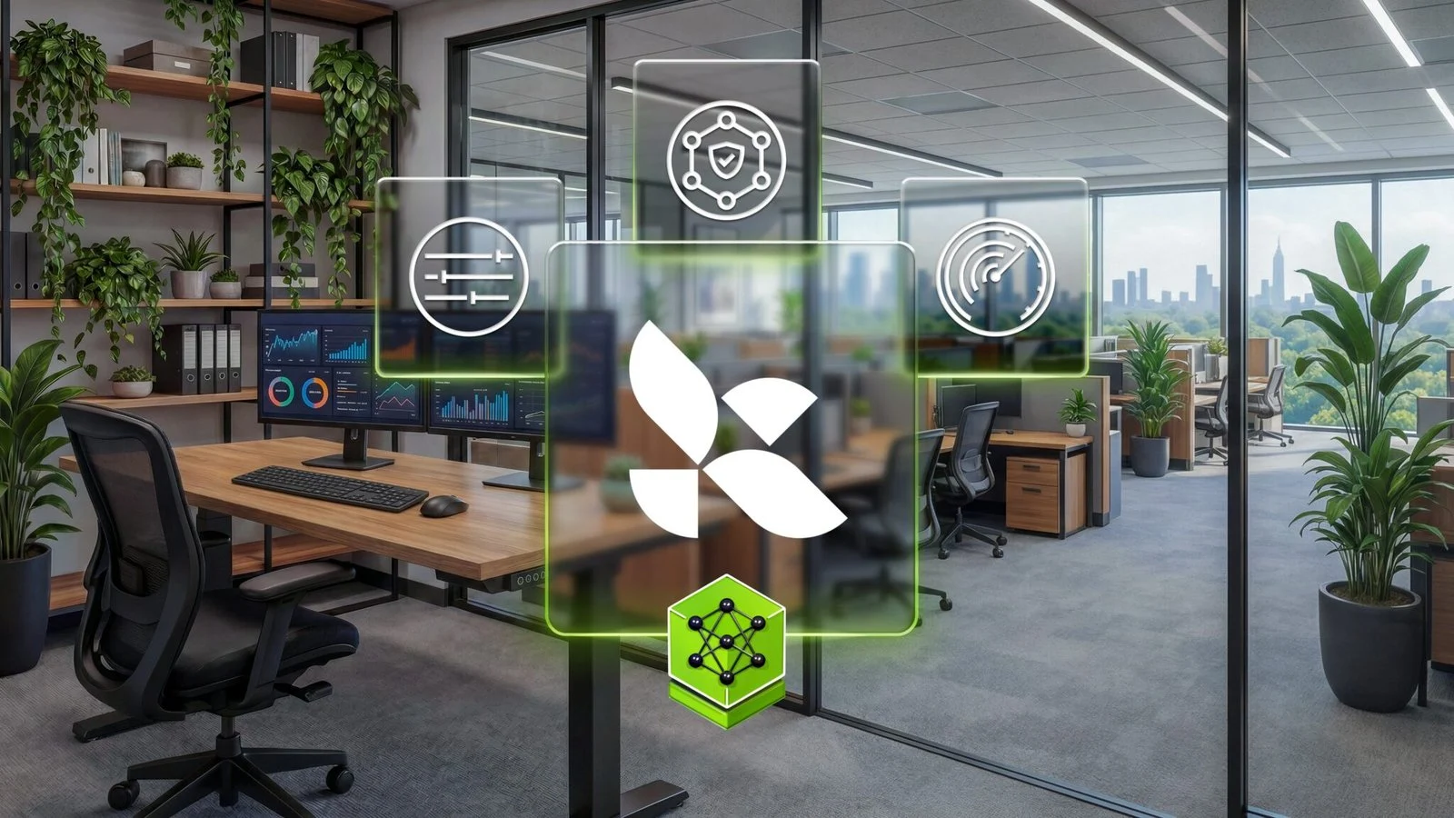 Modern Office with Digital Control and Security Icons