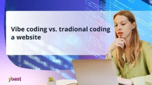A woman sitting in front of a laptop, with a coding background: vibe coding and traditional coding