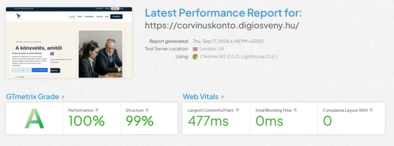 Weboldal teljesítményjelentése A osztályzattal és kiváló Web Vitals értékekkel