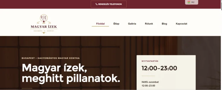 Magyar ízek étterem honlapjának nyitóképernyője