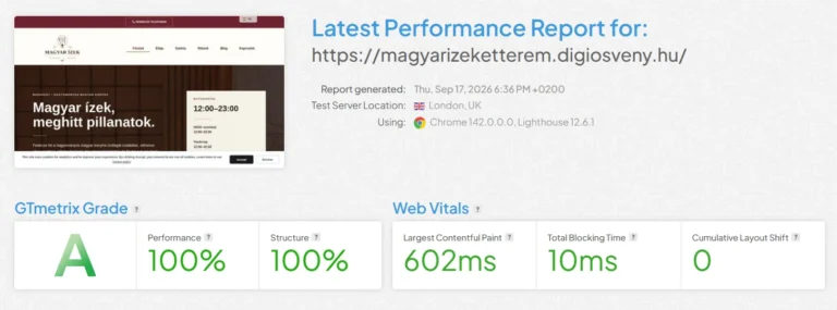 Weboldal teljesítményjelentése A minősítéssel és 100%-os értékekkel