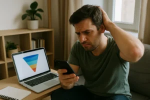 A worried man looks at his phone while sitting next to his laptop