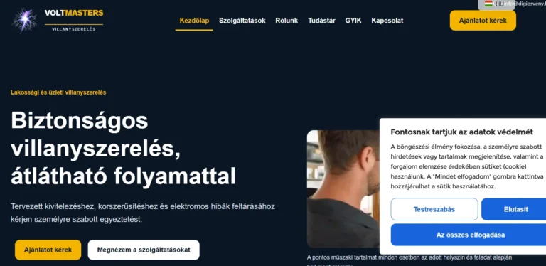 Villanyszerelési honlap kezdőoldala sütihozzájárulási ablakkal